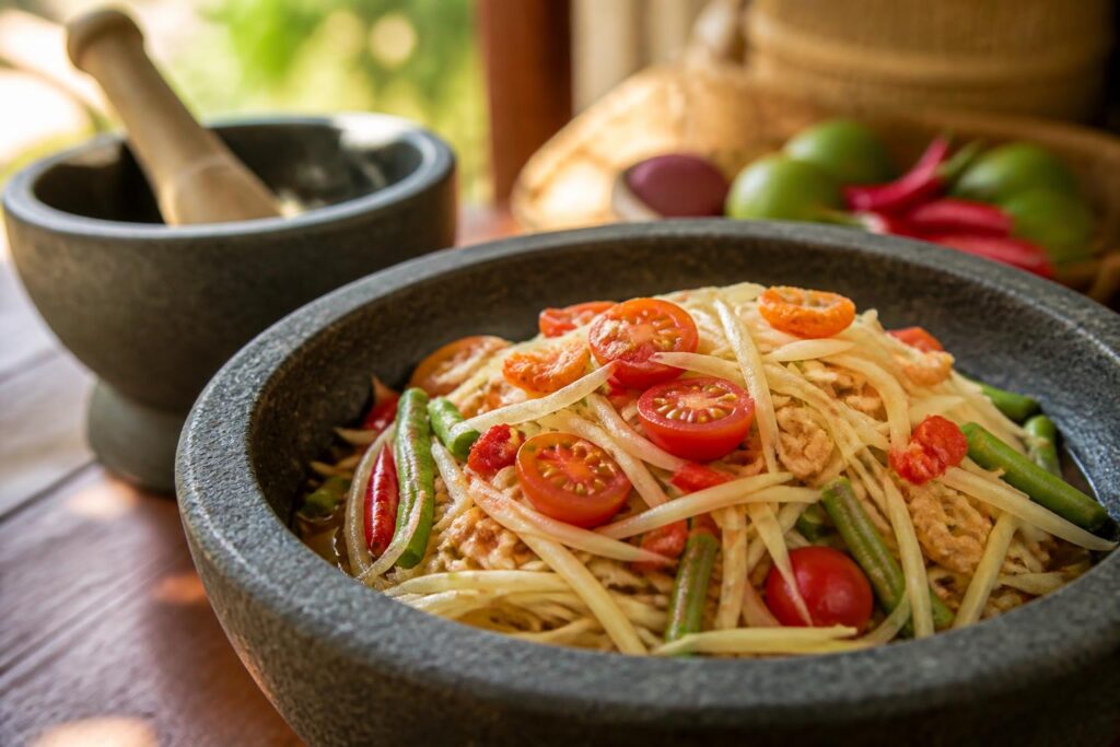 découvrez la recette thaï authentique de la salade de papaye verte (som tam) : fraîche, épicée et pleine de saveurs, parfaite pour une expérience culinaire exotique chez vous.
