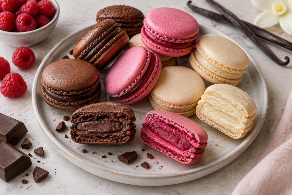 Recettes de ganache macaron pour parfums chocolat, framboise et vanille