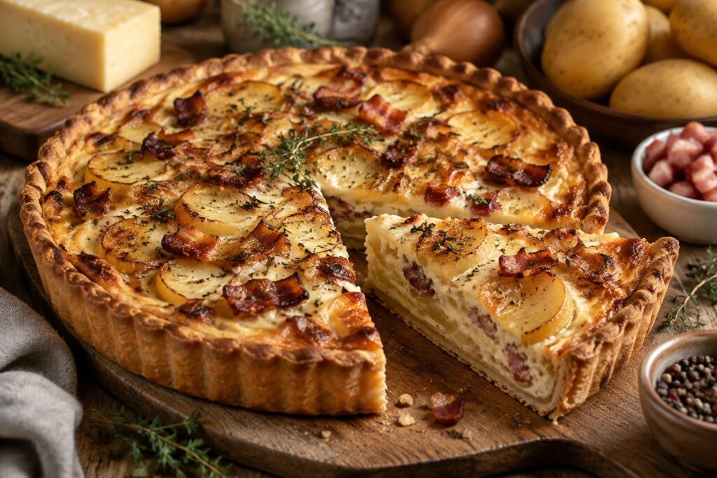 découvrez nos recettes de tarte aux pommes de terre, généreusement garnies de lardons, de fromage et d’autres ingrédients savoureux.